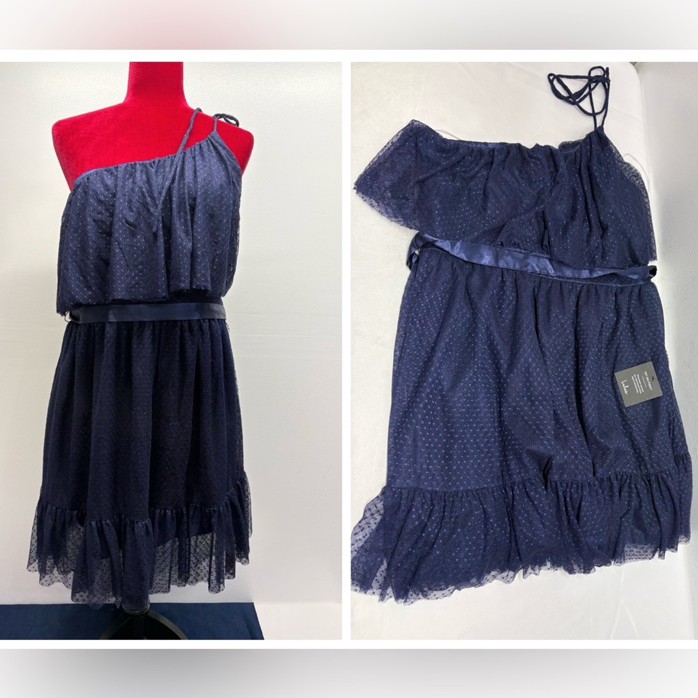 Lulu's Navy Blue mesh mini One-shoulder Dress womens size X-Large swiss dotted